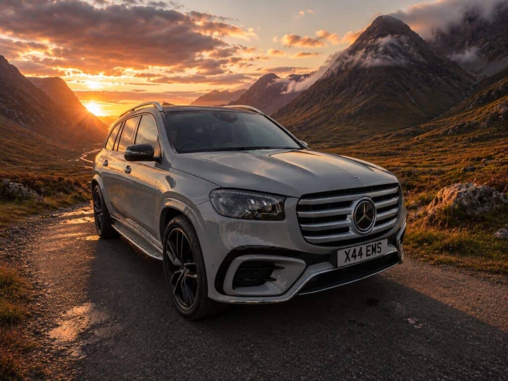 Mercedes car against a beautiful sunset across the Scottish landscape